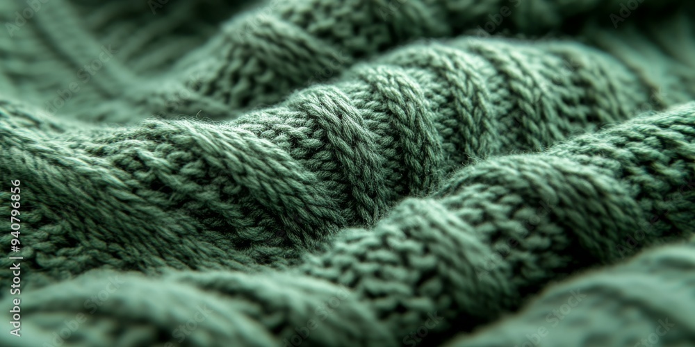 Intricate knit patterns in green fabric captured in a close-up view Intricate knit patterns in green fabric captured in a close-up view