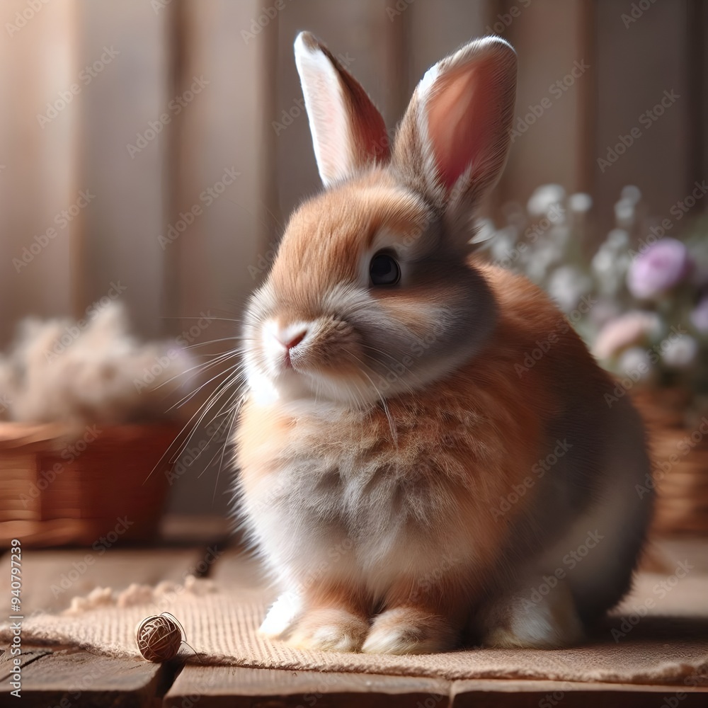 Obraz premium Curious rabbit sitting upright on a wooden surface against a soft beige background in indoor setting