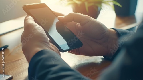 Professional businessperson using smartphone at modern desk with blurred screen close-up, hands in business attire, bright and high-definition image.