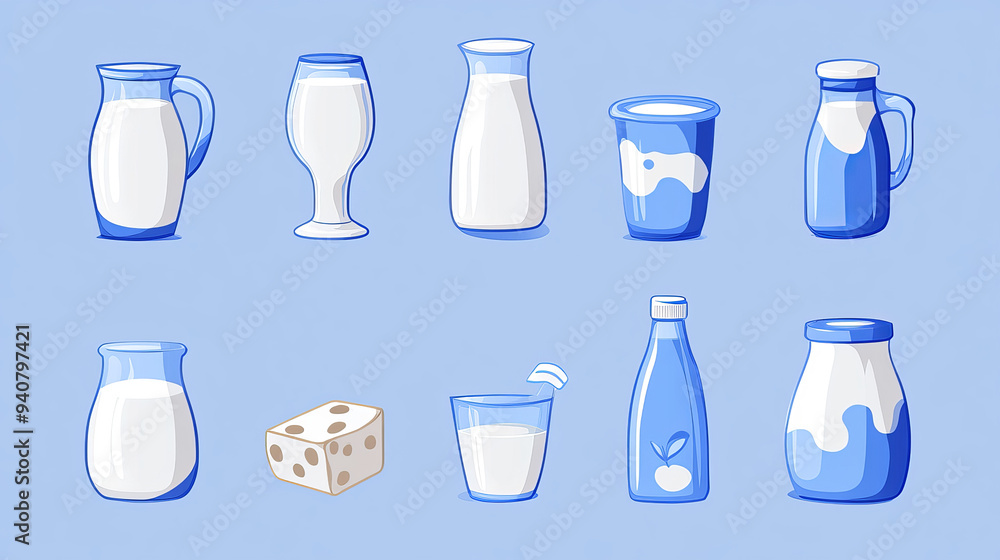 Blue and white themed milk symbols, icons, or logos, designed for dairy and farm food branding. Includes various representations of milk bottles, cartons, cows, and splash effects, perfect for use in Blue and white themed milk symbols, icons, or logos, designed for dairy and farm food branding. Includes various representations of milk bottles, cartons, cows, and splash effects, perfect for use in