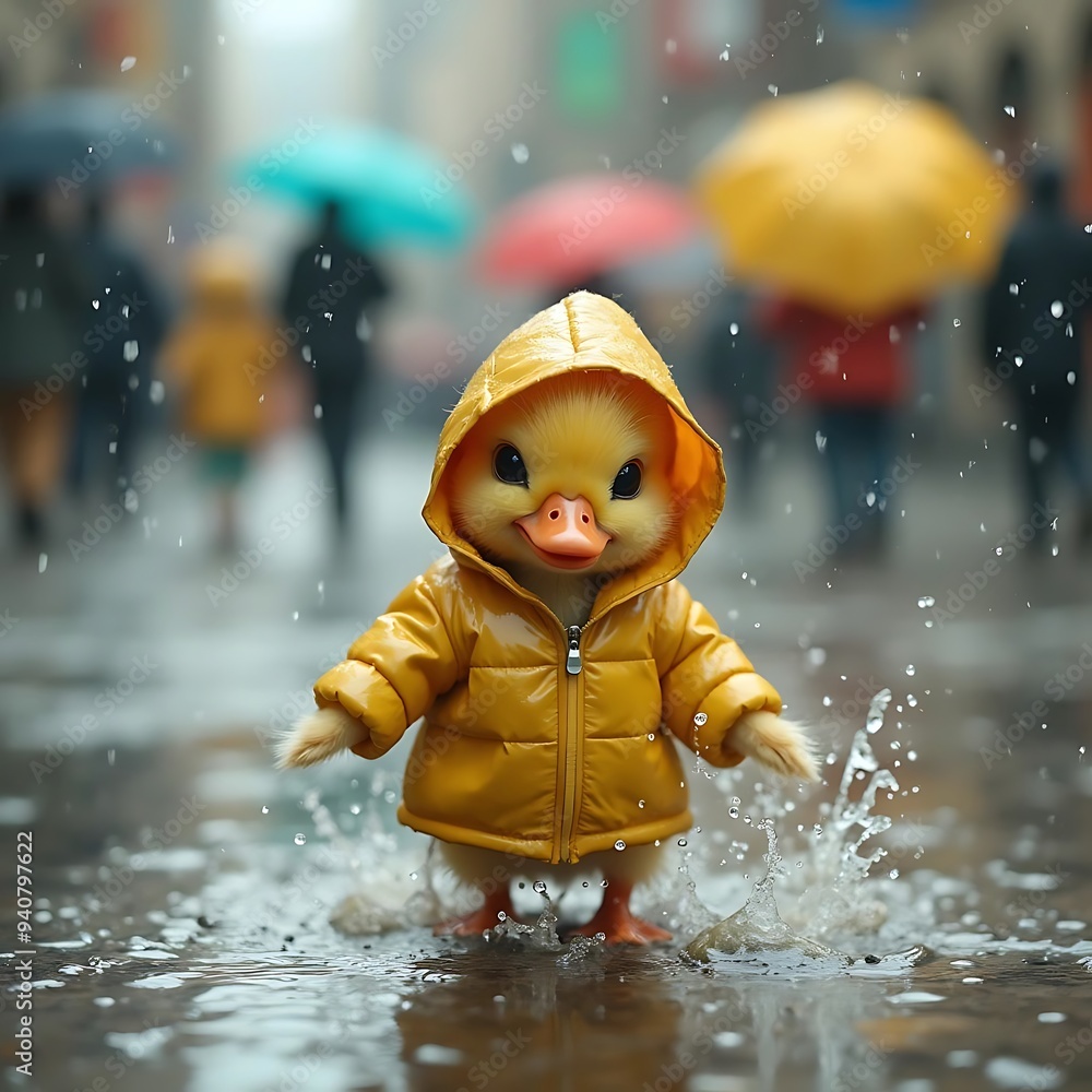 Duckling Puddle Prance: A charming duckling, sporting a bright yellow raincoat, delights in the splashing fun of a rain-soaked city street. Duckling Puddle Prance: A charming duckling, sporting a bright yellow raincoat, delights in the splashing fun of a rain-soaked city street.