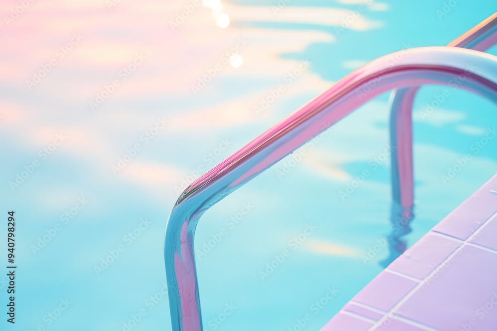 Naklejka premium Pool ladder with pink hues on shimmering water under sunlight