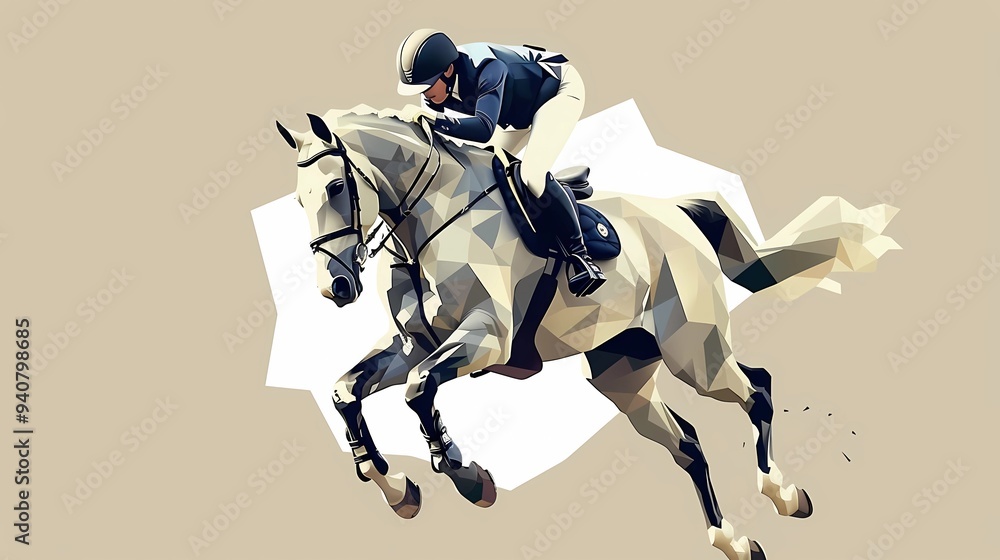 A minimalist illustration of a horse and rider jumping in a geometric style, with a blue grey and beige color palette, Generative AI illustrations. A minimalist illustration of a horse and rider jumping in a geometric style, with a blue grey and beige color palette, Generative AI illustrations.