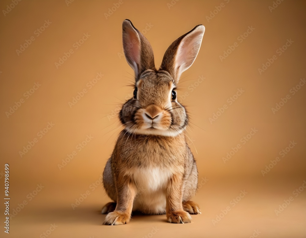 Obraz premium Curious rabbit sitting upright on a wooden surface against a soft beige background in indoor setting