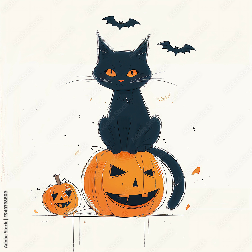 Black cat sitting on jack o lantern halloween illustration Black cat sitting on jack o lantern halloween illustration