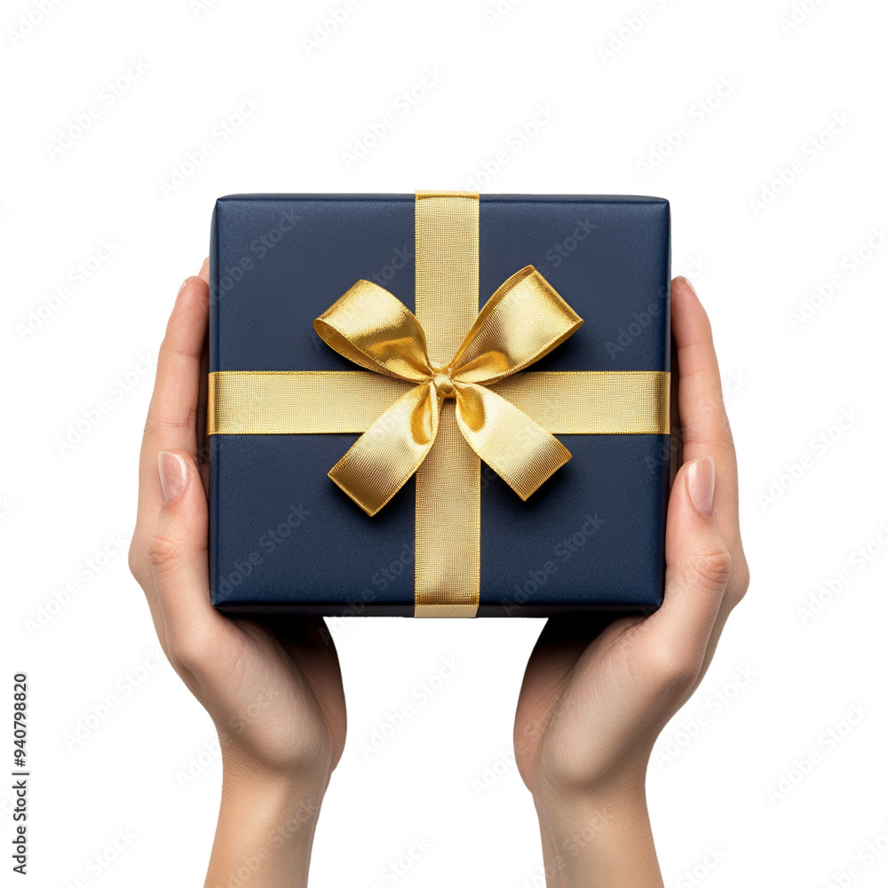 Hands holding a navy blue gift box with gold ribbon top view isolated on transparent background Hands holding a navy blue gift box with gold ribbon top view isolated on transparent background
