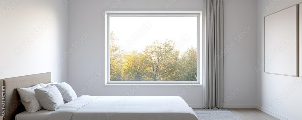 Fototapeta premium Minimalist bedroom with a single large window and no curtains, open view, modern simplicity