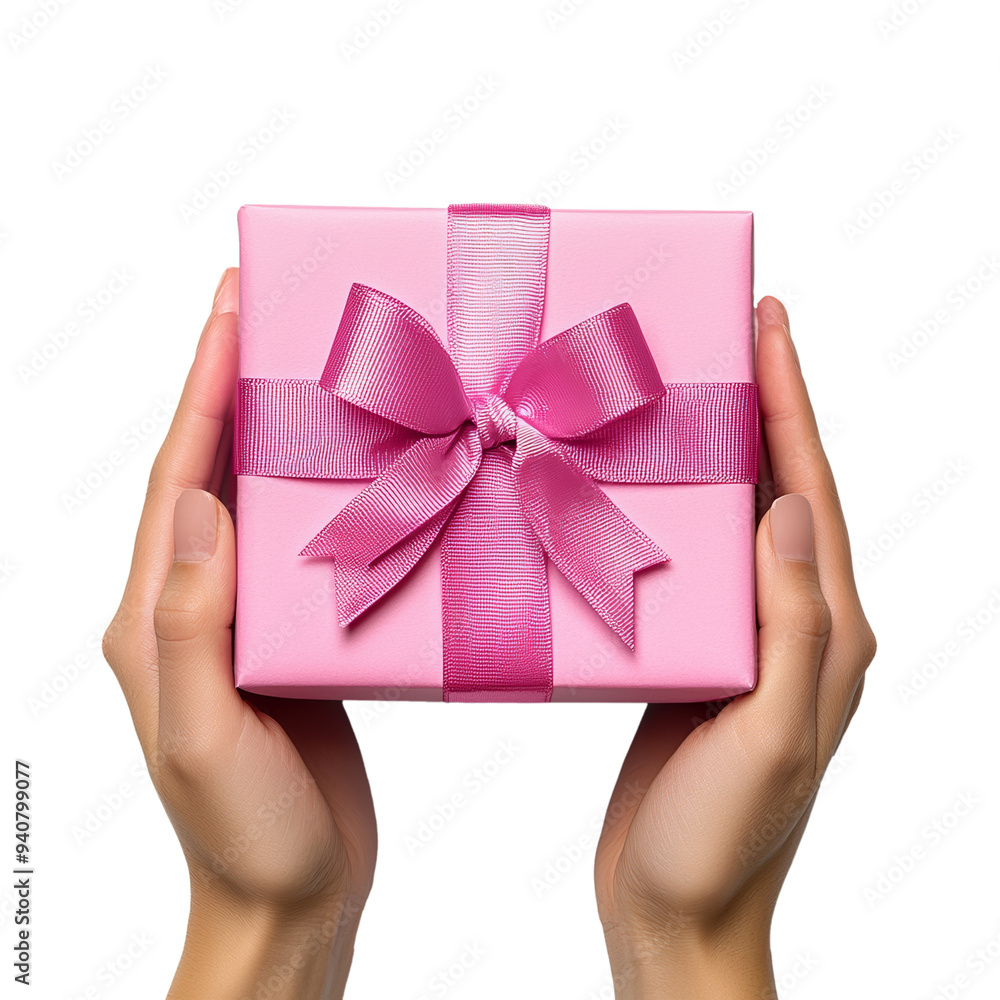 Hands holding a pink gift box with elegant satin ribbon top view isolated on transparent background Hands holding a pink gift box with elegant satin ribbon top view isolated on transparent background