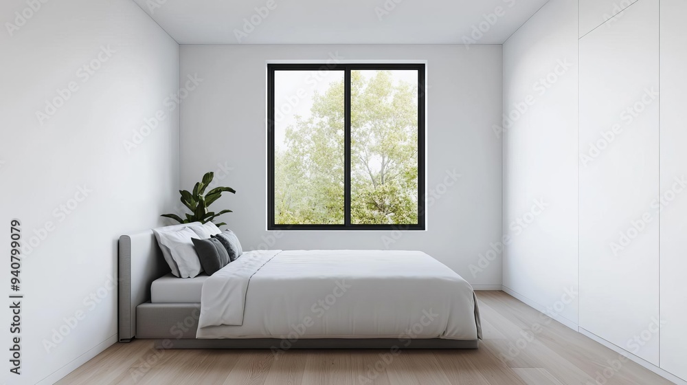 Fototapeta premium Minimalist bedroom with a single large window and no curtains, open view, modern simplicity