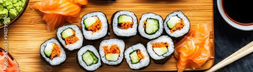 A wooden board with a selection of plant-based sushi rolls, featuring fresh vegetables and vegan sauces