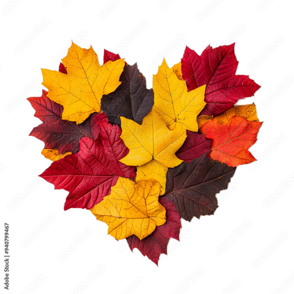 Heart made of colorful autumn leaves with detailed veins isolated on transparent background Heart made of colorful autumn leaves with detailed veins isolated on transparent background