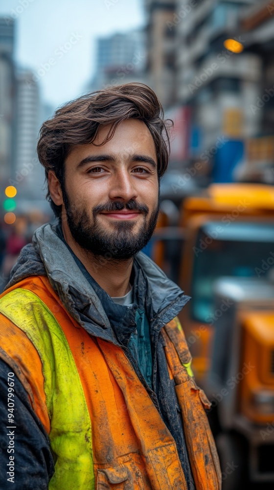 Dedicated Sanitation Worker: Smiling Young Professional Beside Garbage Truck on City Street. Essential Service Provider Keeping Urban Areas Clean. Labor Day Tribute to Hardworking Frontline Community Dedicated Sanitation Worker: Smiling Young Professional Beside Garbage Truck on City Street. Essential Service Provider Keeping Urban Areas Clean. Labor Day Tribute to Hardworking Frontline Community