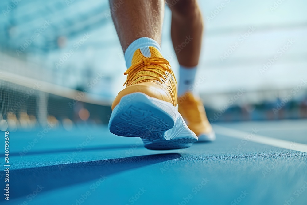 Runner's feet in sneakers on blue track Runner's feet in sneakers on blue track