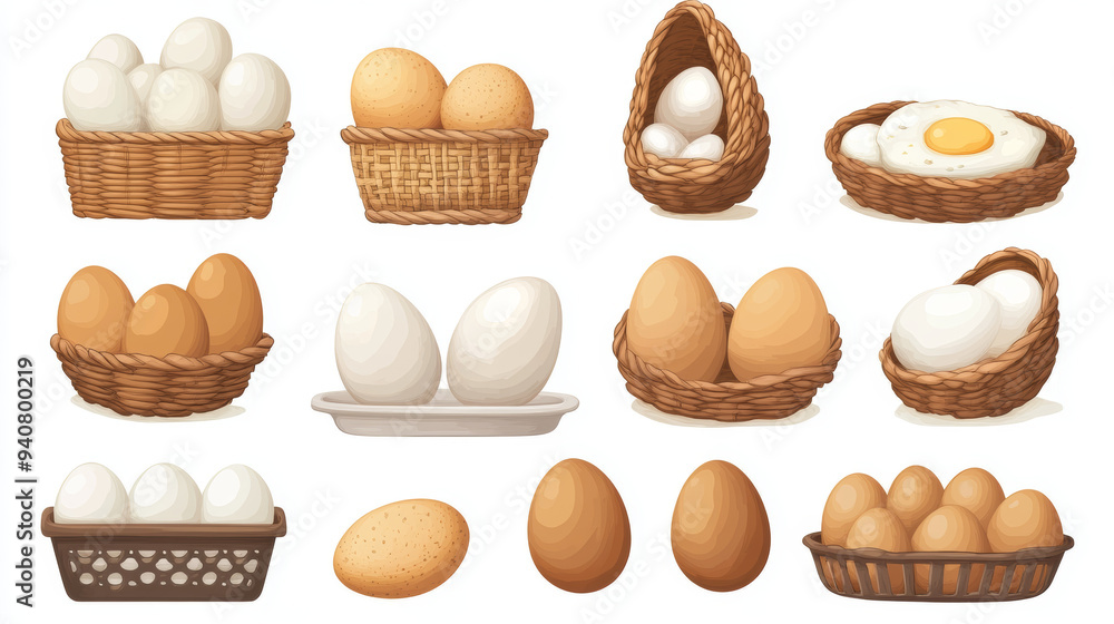 Cartoon-style illustrations of eggs in various settings, including