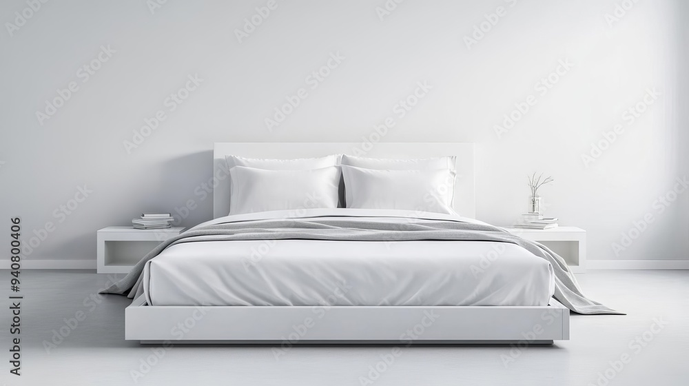 Minimalist bedroom with a white bed frame and matching bedding, monochromatic design, sleek aesthetic