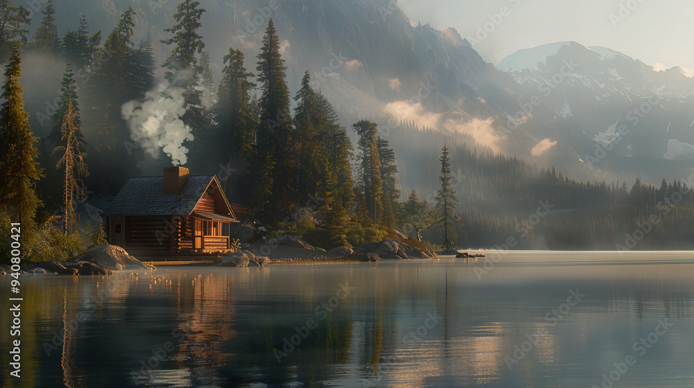 Fototapeta premium Idyllic log cabin by the serene lake nestled in lush forest with golden sunlight reflecting on water – peaceful nature retreat in mountains, perfect for solitude and relaxation