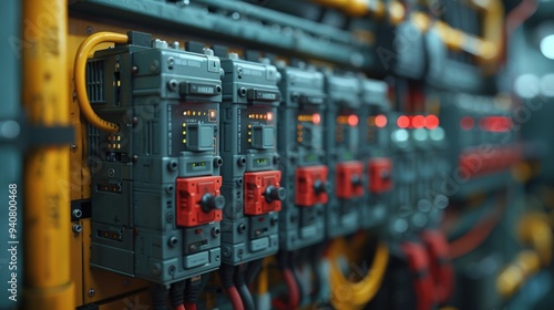 Wires and Circuit Breakers: Electrical wires connected to circuit breakers in a residential fuse box, demonstrating household electrical safety. 