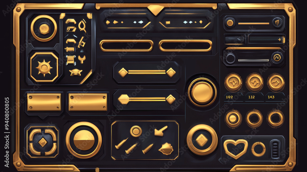 Golden interface game buttons and UI/GUI elements. This vector set includes a pop-up window with the main menu, an options panel, a progress bar, a health scale, direction keys, and indicators. It als Golden interface game buttons and UI/GUI elements. This vector set includes a pop-up window with the main menu, an options panel, a progress bar, a health scale, direction keys, and indicators. It als