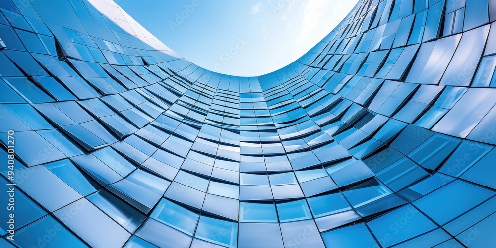 Obraz premium Modern abstract architecture with curved glass facade reflecting blue sky and light in a contemporary urban setting