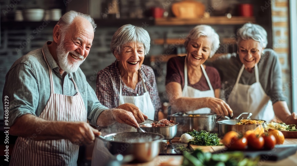 Elderly Friends Cooking and Laughing Together in a Warm, Joyful Kitchen Setting Elderly Friends Cooking and Laughing Together in a Warm, Joyful Kitchen Setting