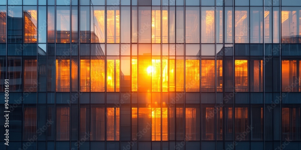 Façade of a financial building illuminated by sunset light reflecting off large glass panels, showcasing modern architecture Façade of a financial building illuminated by sunset light reflecting off large glass panels, showcasing modern architecture