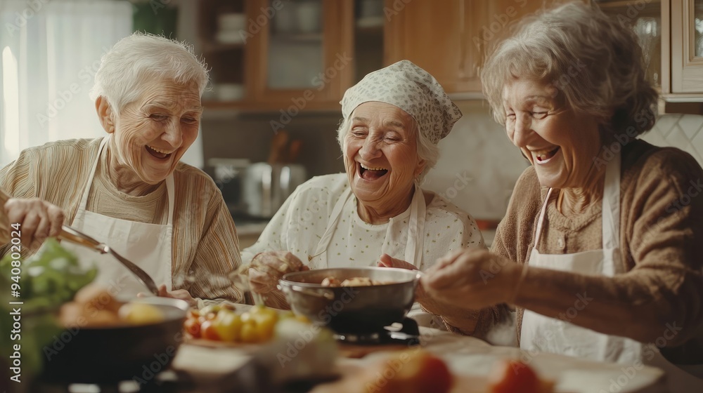 Elderly Friends Cooking and Laughing Together in a Warm, Joyful Kitchen Setting Elderly Friends Cooking and Laughing Together in a Warm, Joyful Kitchen Setting