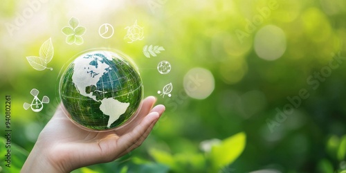 Hand Holding a Green Globe Surrounded by Eco-Friendly Icons on a Soft Green Background