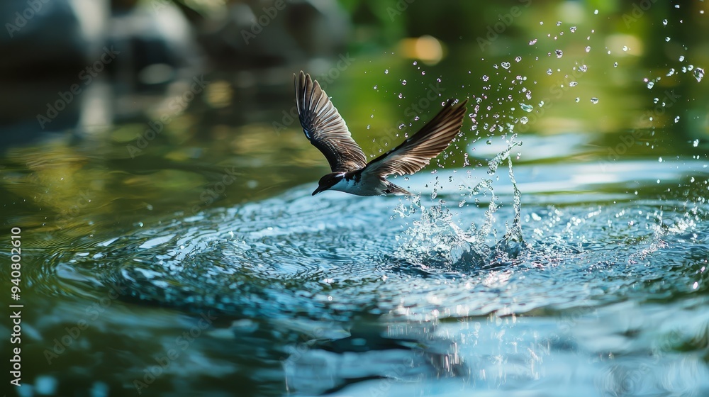 Fototapeta premium A bird in flight over a body of water, leaves a splash at its wake