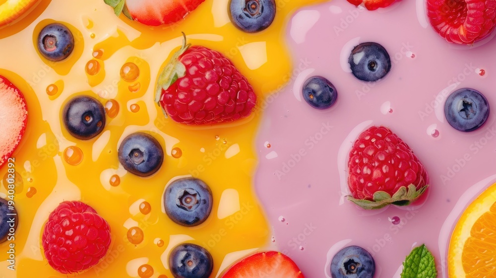 Vibrant and Energetic Splashes of Colorful Fruit Juice on a White Background Vibrant and Energetic Splashes of Colorful Fruit Juice on a White Background