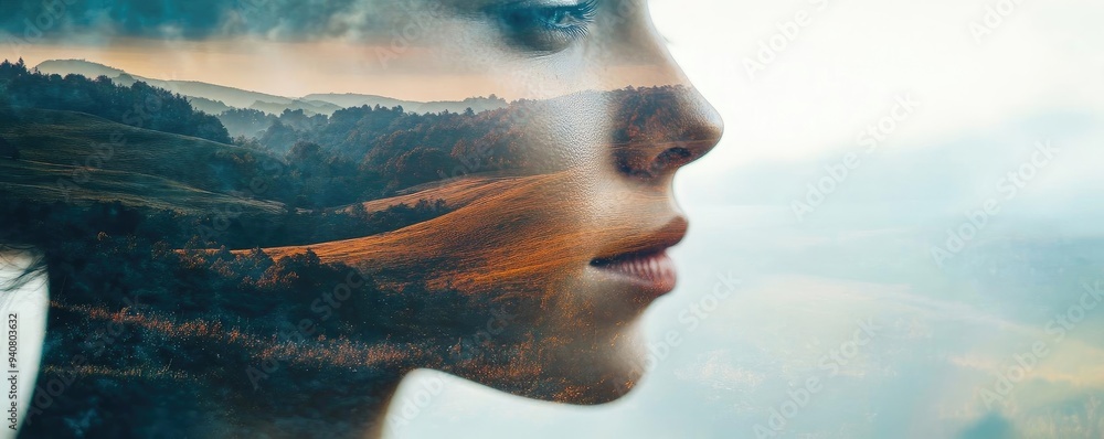 A serene profile portrait blended with a tranquil landscape, capturing the harmony between nature and human emotion. A serene profile portrait blended with a tranquil landscape, capturing the harmony between nature and human emotion.