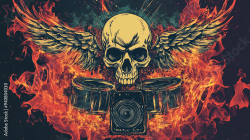 Rock fest posters and flyers featuring a concert music band festival theme. Vector grunge vintage design with a skull, electric guitar with wings, and elements like drums and loudspeakers in flames. photo