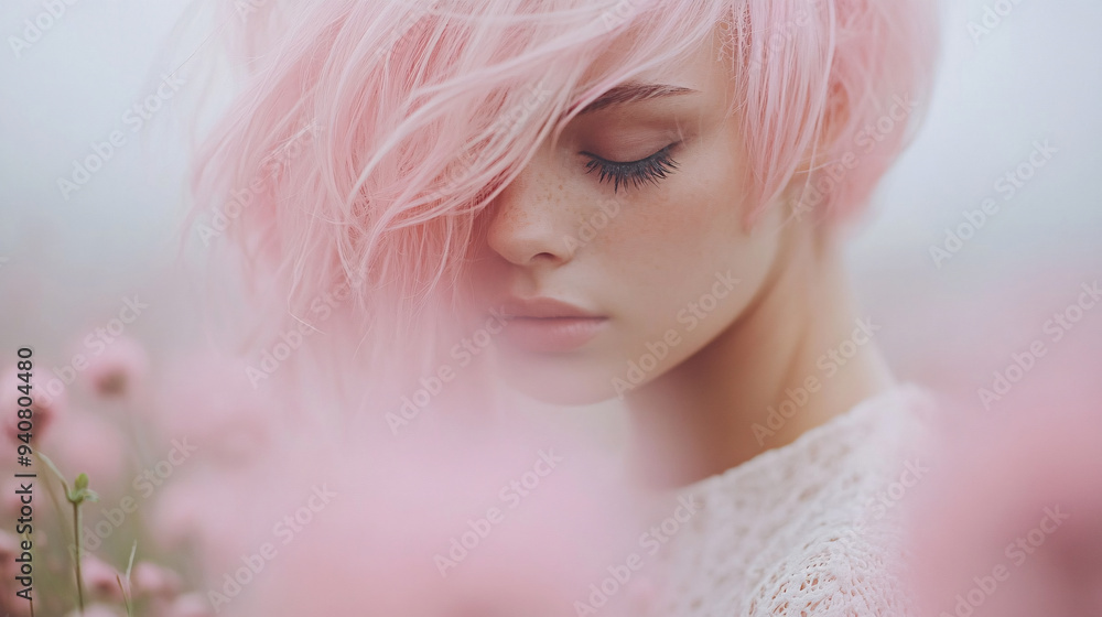 woman's face with pink hair, her eyes are closed, and she appears to be in a soft focus background. woman's face with pink hair, her eyes are closed, and she appears to be in a soft focus background.