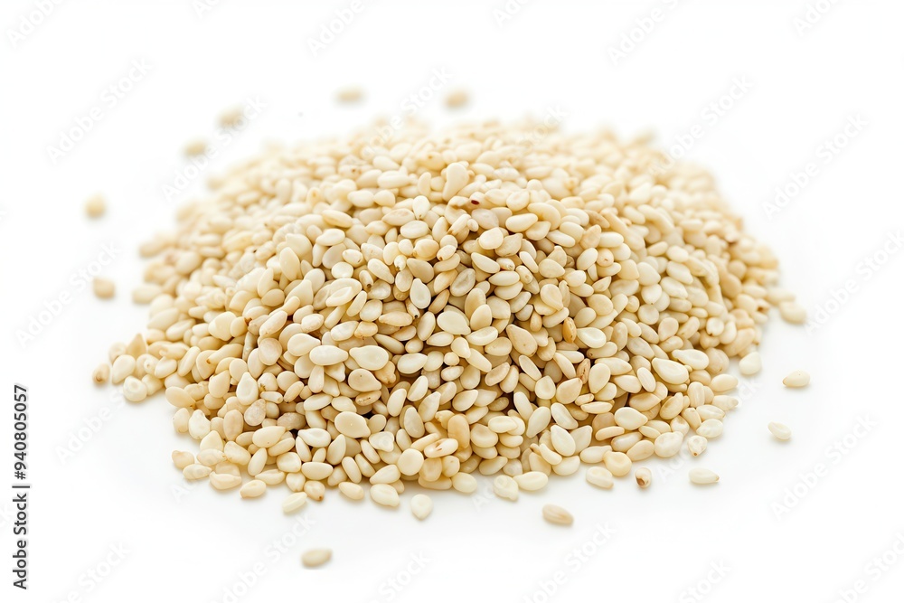 Sesame Seeds. Isolated White Background Heap. Macro Image of Healthy Food Ingredient Sesame Seeds. Isolated White Background Heap. Macro Image of Healthy Food Ingredient