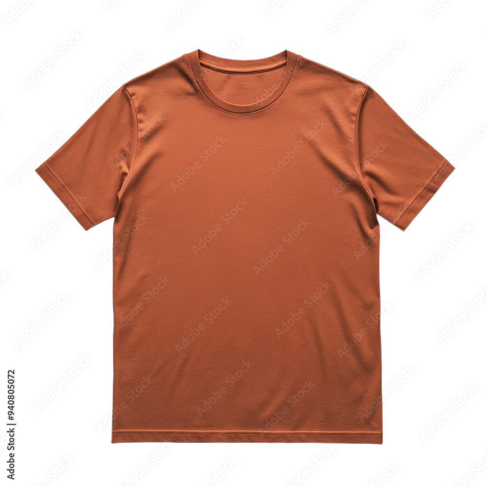 Plain T-shirt top view in earthy terracotta color isolated on transparent background Plain T-shirt top view in earthy terracotta color isolated on transparent background