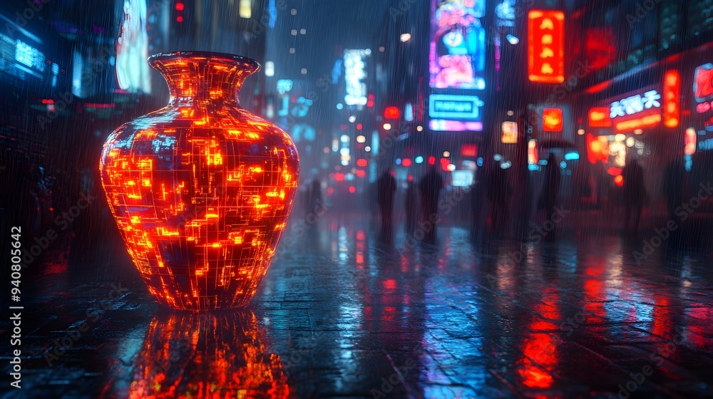 A cyberpunk vase with glowing neon lines, reflecting rain in a dark, futuristic cityscape, surrounded by holographic advertisements, intricate design A cyberpunk vase with glowing neon lines, reflecting rain in a dark, futuristic cityscape, surrounded by holographic advertisements, intricate design