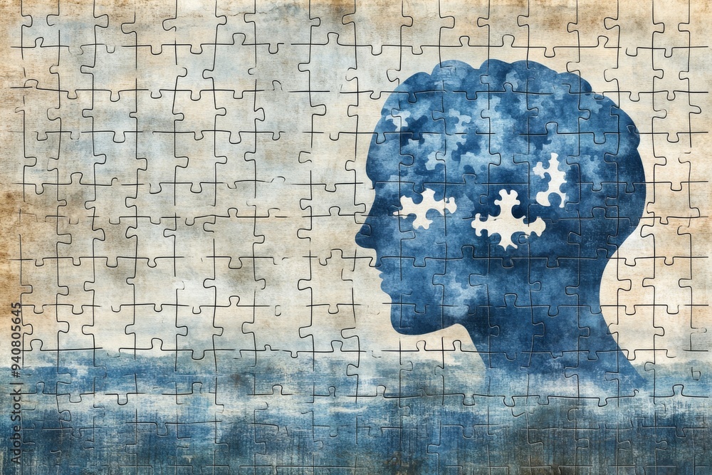Abstract profile of a man with a puzzle pattern symbolizing cognitive challenges mental health and the journey of piecing together ones thoughts in a vintage inspired artistic style Abstract profile of a man with a puzzle pattern symbolizing cognitive challenges mental health and the journey of piecing together ones thoughts in a vintage inspired artistic style