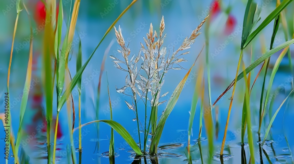 Obraz premium A tight shot of a plant submerged in water, with grass in the near foreground and red flowers at a distance