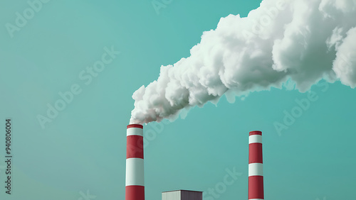 The image can be named Factory chimney releasing white smoke into the blue sky, contributing to industrial air pollution photo