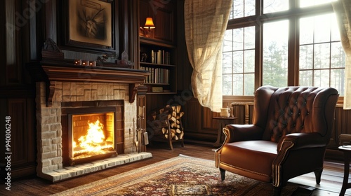 Living Room Design with a Cozy Fireplace and Stylish Leather Chair