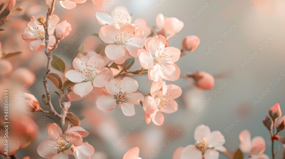 A tight shot of blooms on a flower branch against indistinct pink and white background flowers A tight shot of blooms on a flower branch against indistinct pink and white background flowers