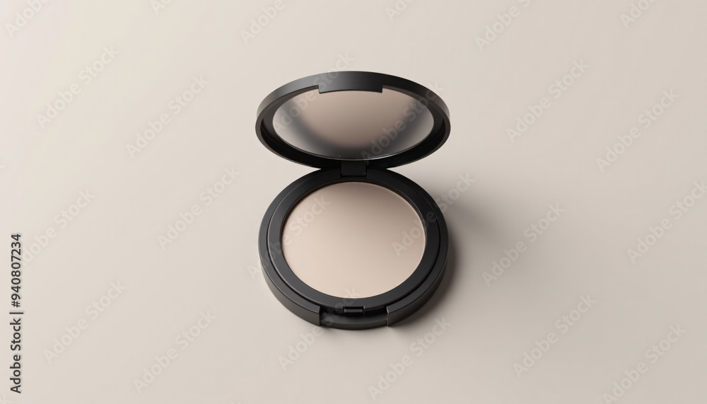 Mock up blank black cosmetic compact with mirror, isolated on a neutral background Mock up blank black cosmetic compact with mirror, isolated on a neutral background