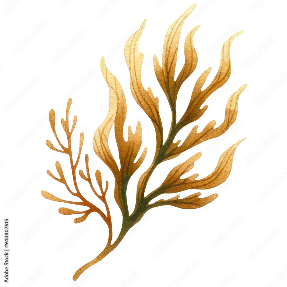 Watercolor illustration of a golden seaweed branch. Perfect for nature-inspired designs, marine-themed projects, or botanical art collections. Watercolor illustration of a golden seaweed branch. Perfect for nature-inspired designs, marine-themed projects, or botanical art collections.