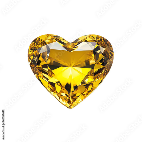 Rich yellow heart-shaped diamond with bright brilliance and sharp edges isolated on transparent background 