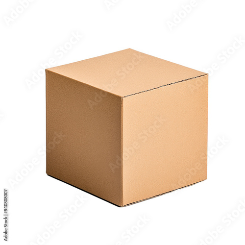 Small cube-shaped cardboard box with sealed top isolated on transparent background 