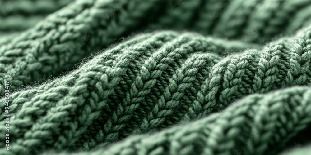 Detailed macro shot of a green knitted fabric with pronounced ribbing patterns Detailed macro shot of a green knitted fabric with pronounced ribbing patterns