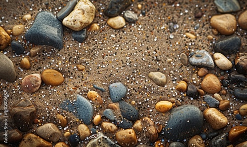 Close-up of Smooth Stones on a Sandy Beach.