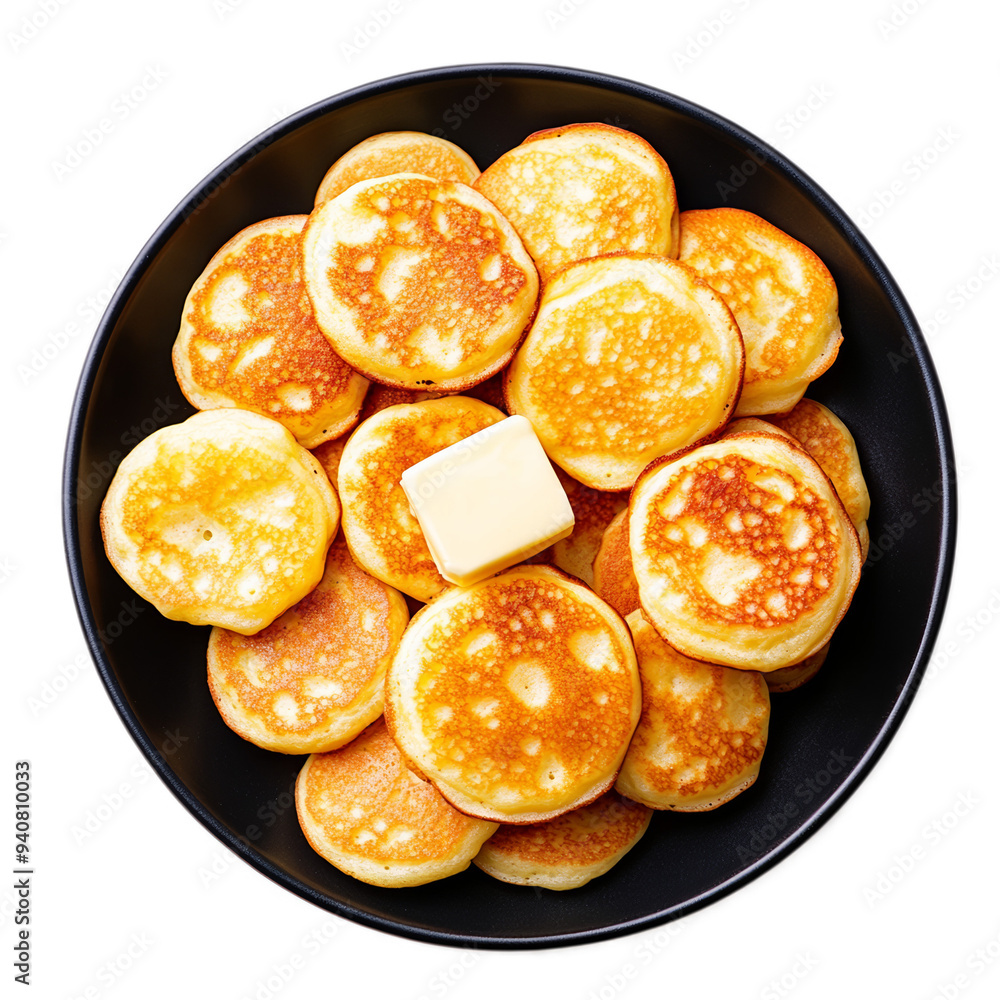 Top view of Dutch poffertjes mini pancakes with butter on a dark plate isolated on transparent background Top view of Dutch poffertjes mini pancakes with butter on a dark plate isolated on transparent background