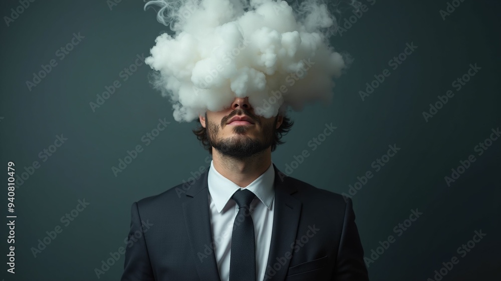 Male businessman in suit and tie with head full of smoke clouds made Male businessman in suit and tie with head full of smoke clouds made