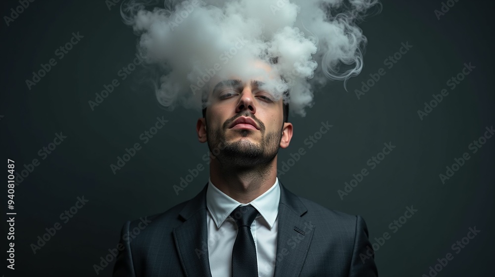 Male businessman in suit and tie with head full of smoke clouds made Male businessman in suit and tie with head full of smoke clouds made