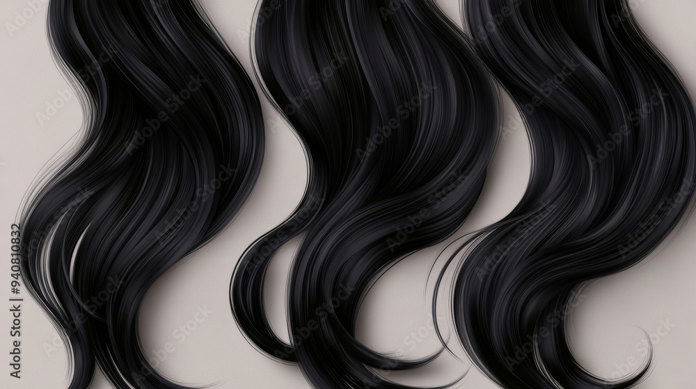 Shiny black hair strands, including straight and ponytail hairstyles. Vector design for hair care beauty, featuring realistic female hair samples with long curls. Ideal for color dye or shampoo packag Shiny black hair strands, including straight and ponytail hairstyles. Vector design for hair care beauty, featuring realistic female hair samples with long curls. Ideal for color dye or shampoo packag
